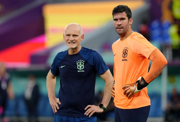 Brazil's Taffarel and Alisson on November 28, 2022. (Photo by IMAGO / PA Images)