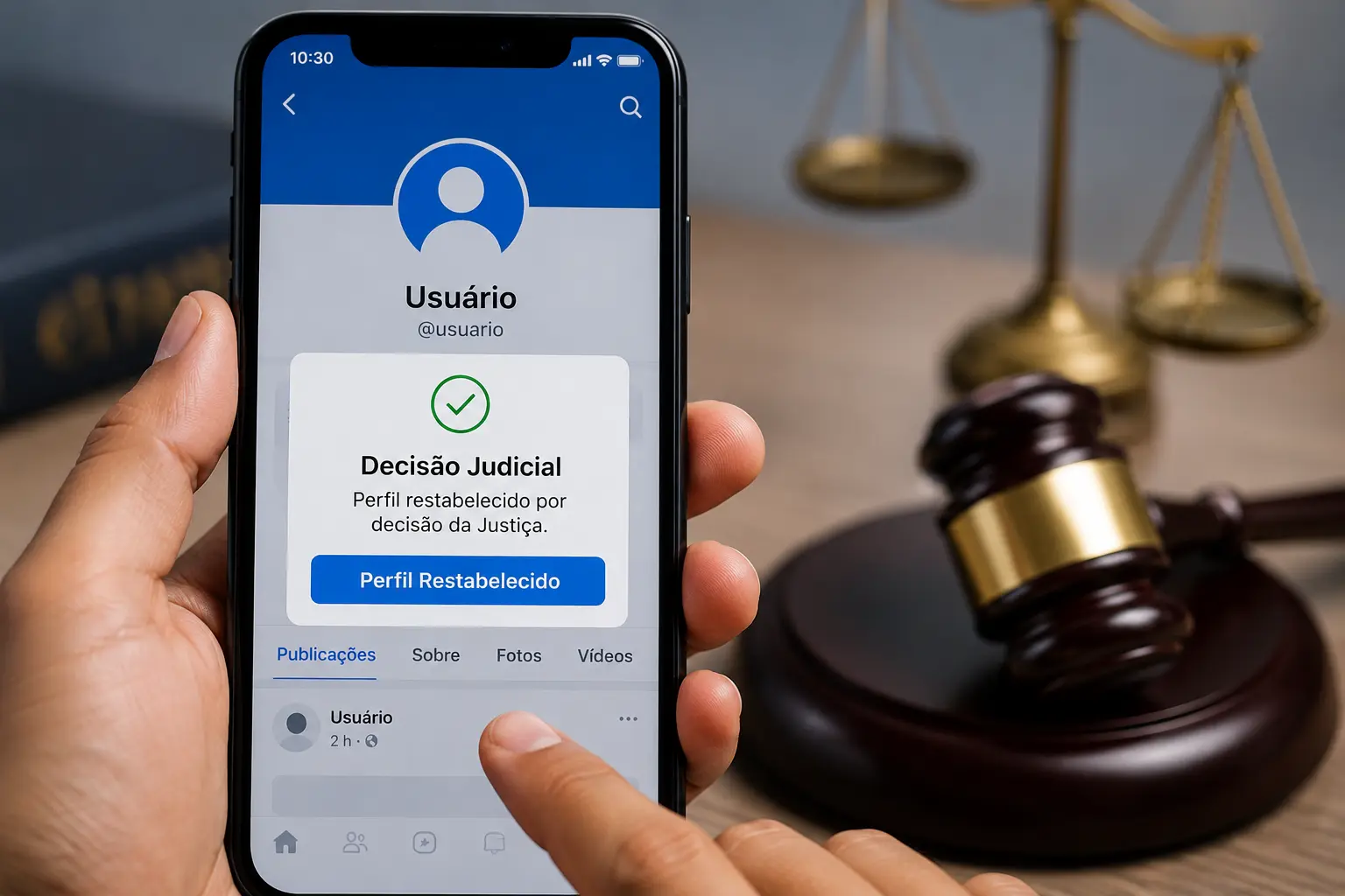 Imagem ilustrativa de rede social em celular, representando decisão judicial sobre restabelecimento de perfil.